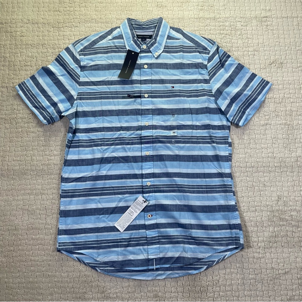 New Tommy Hilfiger Men's Nash Stripe Short Sleeve Shirt M Larrge Alaskan blue